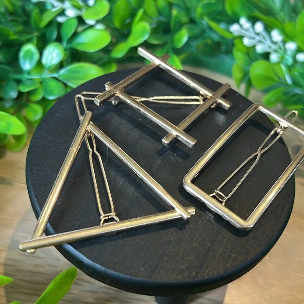 Geometric Shapes Goldtone Hair Clips Square, Triangle, Rectangle